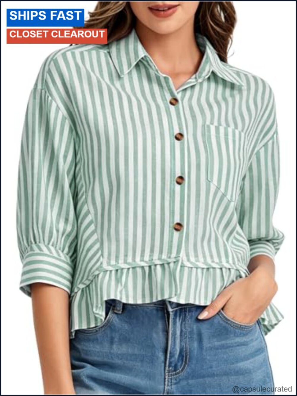 Striped Button Down Cotton Shirt Cropped 3/4 Sleeve Ruffle Hem — Women's Summer